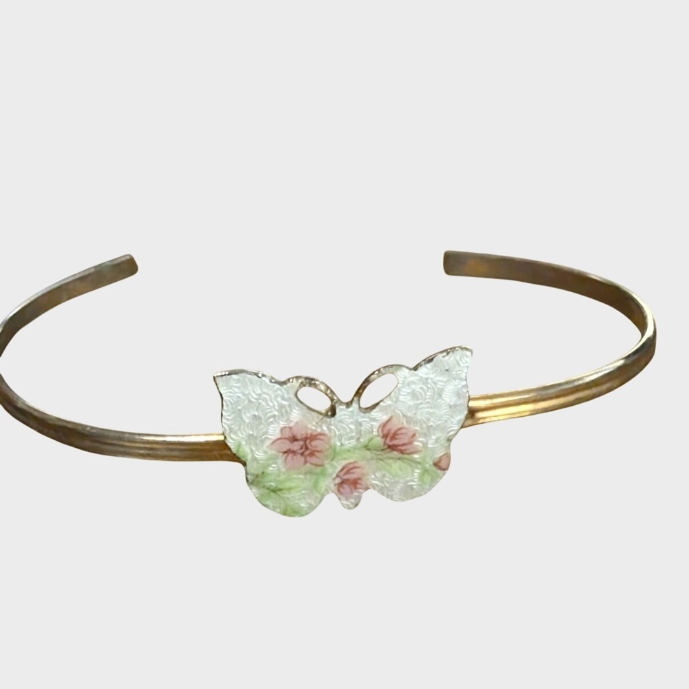 Vintage Guilloche Enamel Butterfly Cuff Bracelet Bangle White Pink Silver-tone